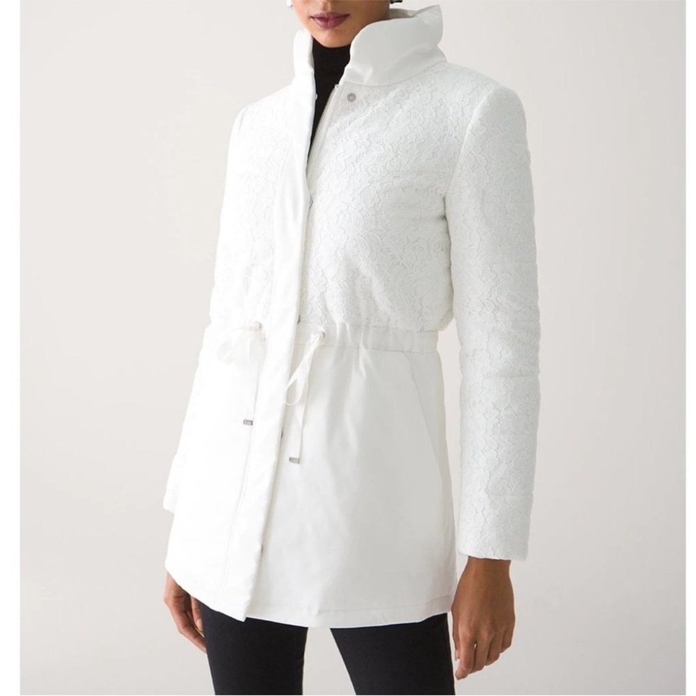 Nwt White House Black Market White Floral Lace Chevron Puffer Jacket